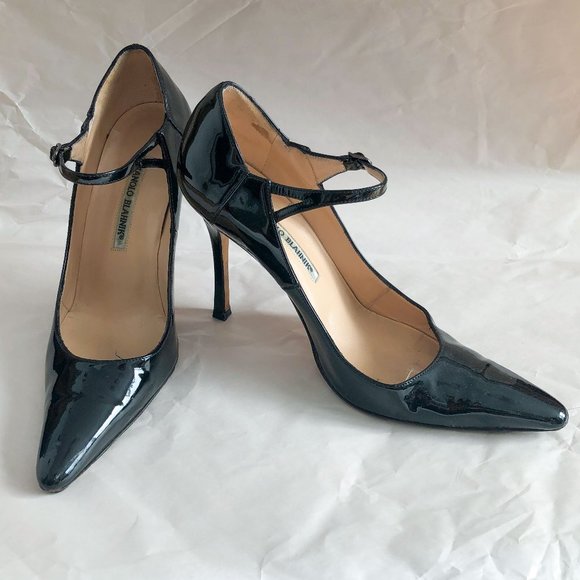 Manolo Blahnik black patent leather mary jane 4" high heel pumps Sz 39 - Picture 2 of 9